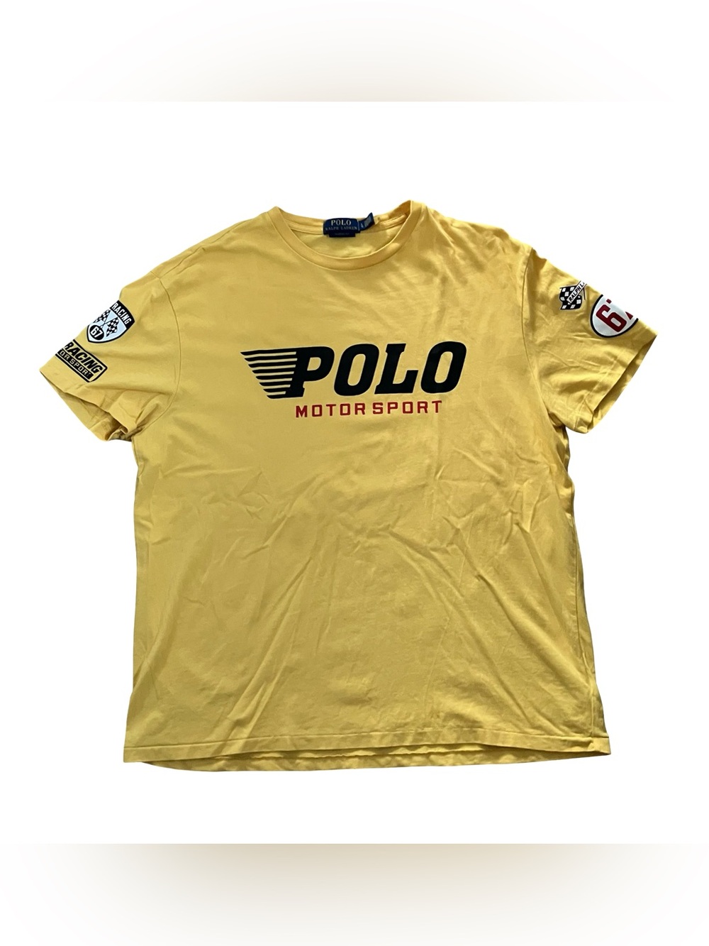 Polo Ralph Lauren Motorsport Tshirt Mens L Yellow RL Racing Logo Sleeve Graphics